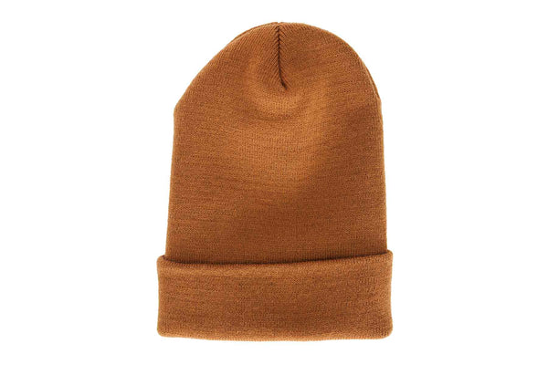 Back view of a carmel colored beanie