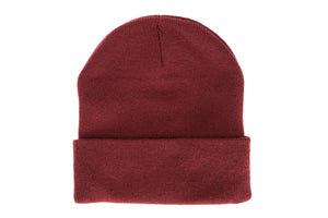 Back view of a maroon colored beanie