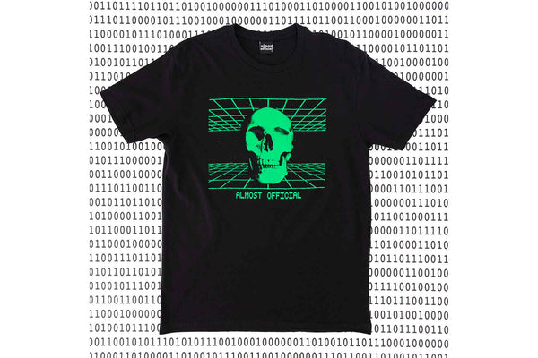 The Digiskull shirt that depicts a bright green deteriorating skull floating in the middle of a grid matrix on a black shirt with a binary poster background.