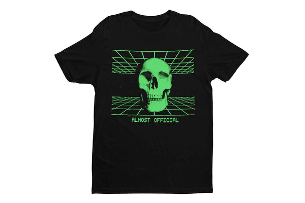 The Digiskull shirt that depicts a bright green deteriorating skull floating in the middle of a grid matrix on a black shirt.