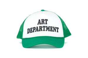 The front of a green and white trucker hat with the text Art Department printed in black. 