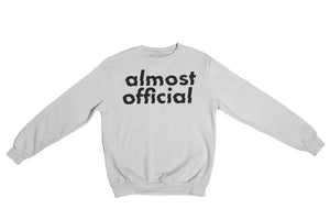A grey Almost Official glitch logo crewneck sweatshirt on a white background.