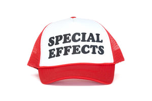 The front of a red and white trucker hat with the text Special Effects printed in black.