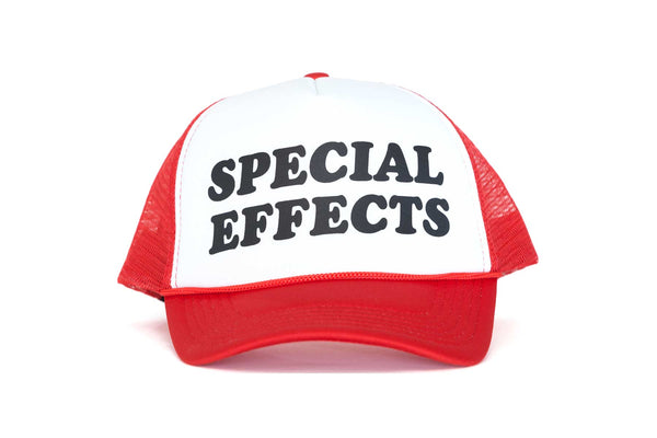 The front of a red and white trucker hat with the text Special Effects printed in black.