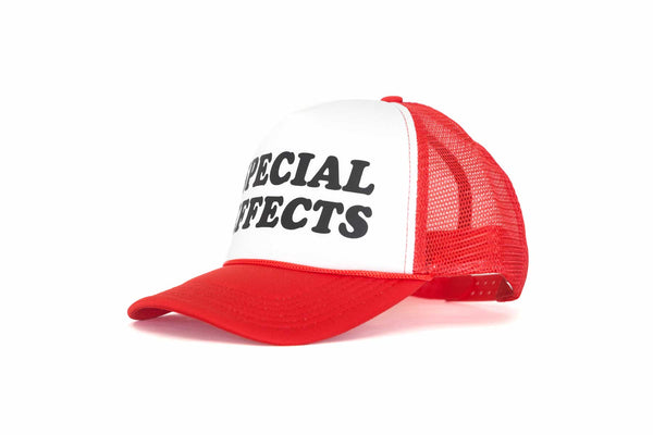 A three-quarter side view of a red and white trucker hat with the text Special Effects printed in black.