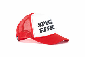 A three-quarter side view of a red and white trucker hat with the text Special Effects printed in black.