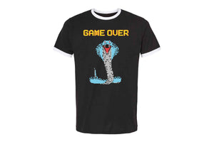 A throwback retro ringer tee with the Cobra Boss shirt depicting a colorful 8 bit cobra and the words Game Over.