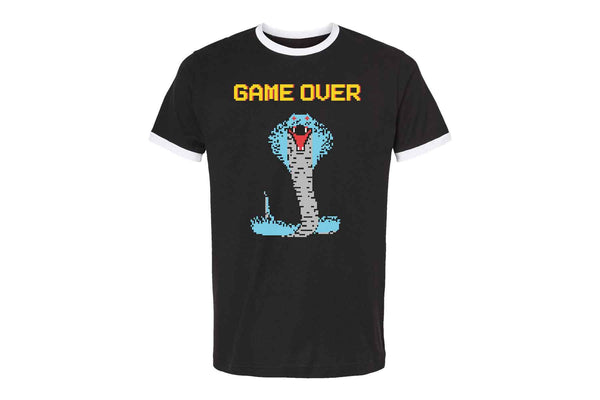 A throwback retro ringer tee with the Cobra Boss shirt depicting a colorful 8 bit cobra and the words Game Over.