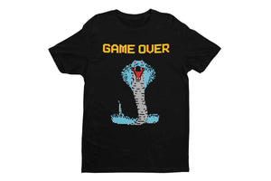 The Cobra Boss shirt depicting a colorful 8 bit cobra and the words Game Over printed on a black shirt with a white background.